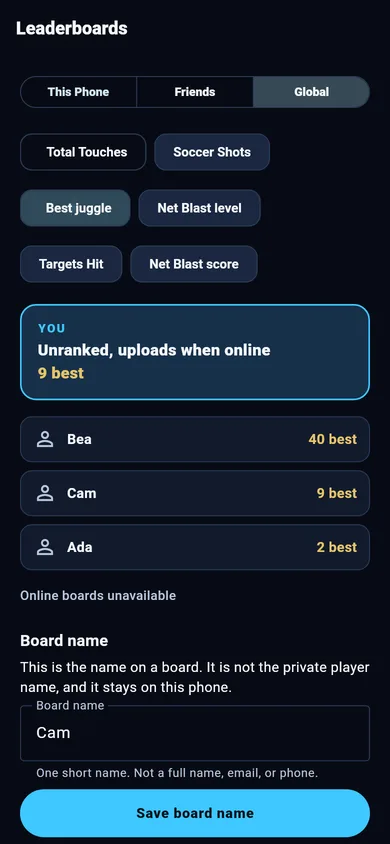 Leaderboards screen showing short board names and scores only, with tabs for This Phone, Friends and Global